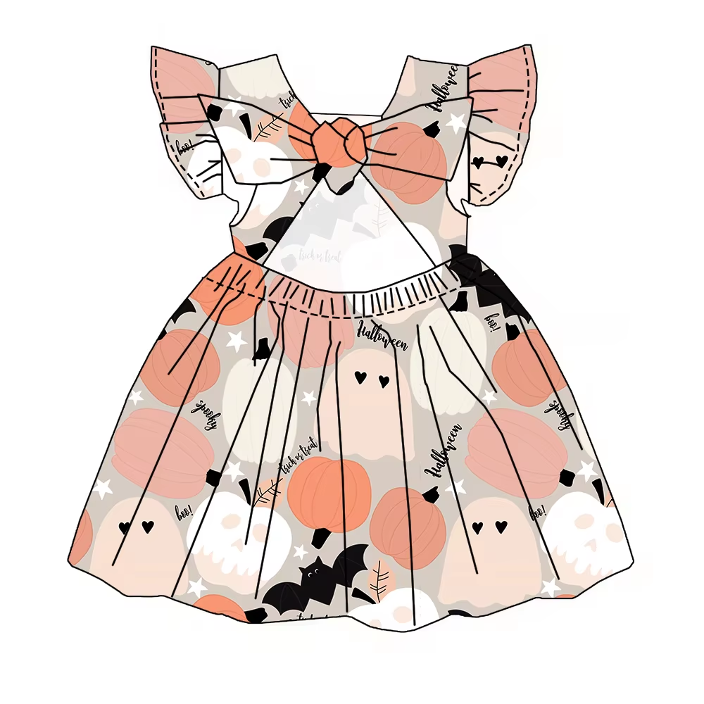 6.19 Halloween Pumpkin Short Sleeve Bow Dress