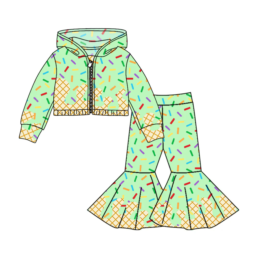 8.4Preorder (moq 5)Baby Girls Aqua Long Sleeves Drip Zipper Jacket Top Bell Bottom Pant Team Clothes Sets