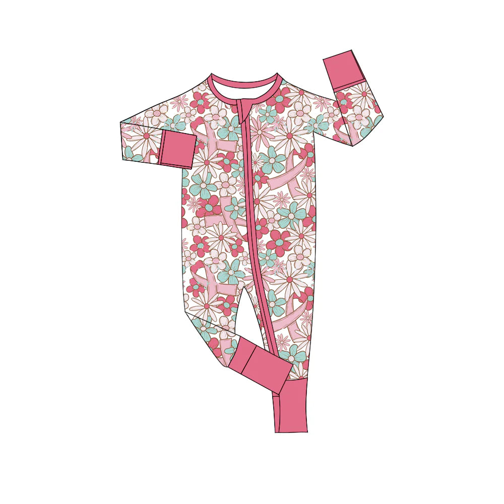 X903Preorder(moq 5)Baby Girls Pink Blue Cross Flowers Zipper Footie Rompers