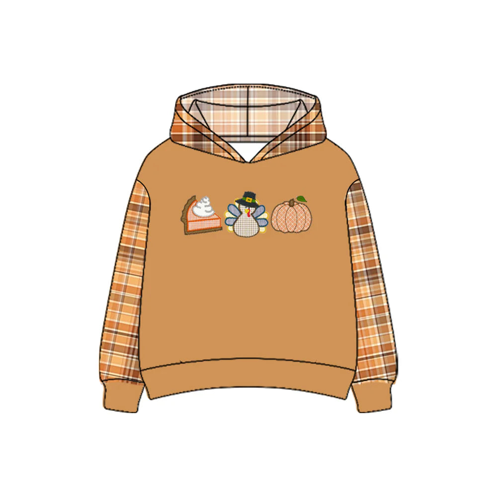 7.4Preorder(moq 5) Baby Boys Brown Long Sleeves Pie Turkey Pumpkin Hoodies Top
