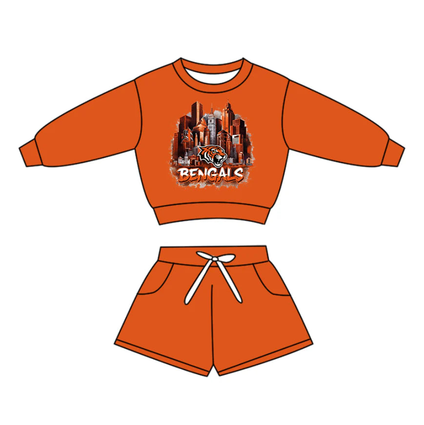 X12.19 Preorder(moq 5)Baby Boys Long Sleeve Bengals Tigers Top Pockets Shorts Team Clothes Sets
