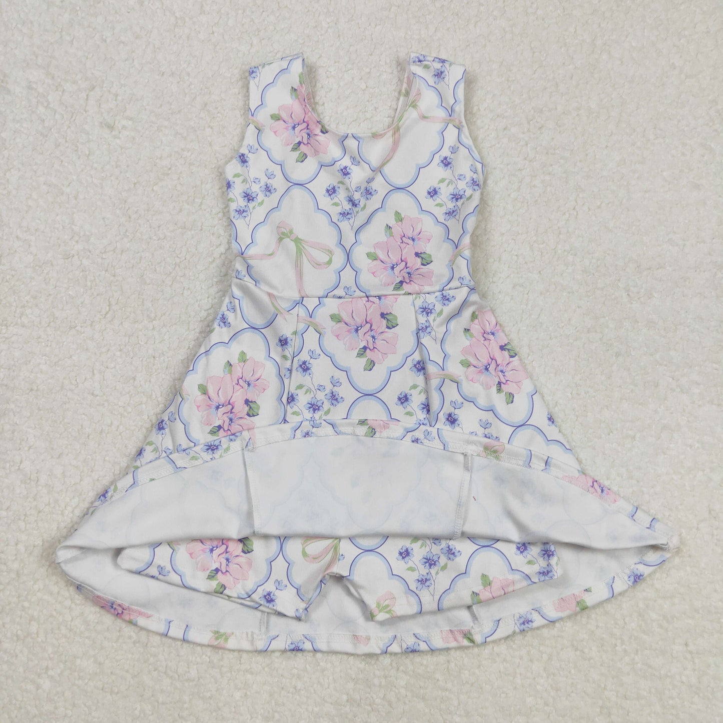 GSD1864 Beige yoga pants dress with flower and bow pattern