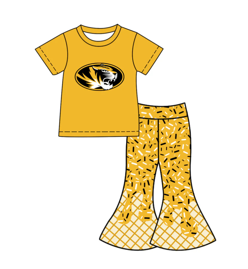 X12.1Preorder (moq 5)Baby Girls Yellow Tigers Top Drip Sprinkles Bell Bottom Pants Team Clothes Sets