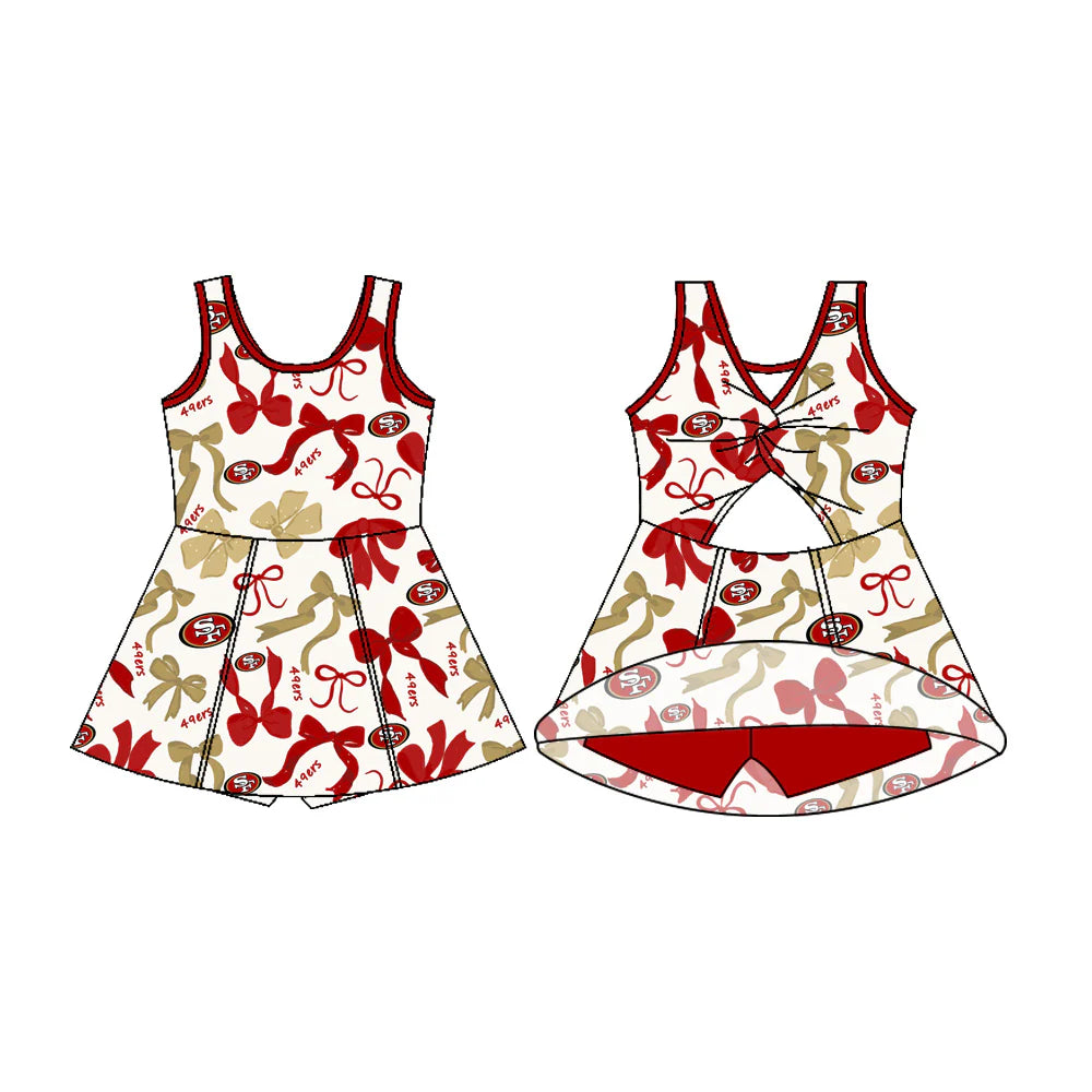 7.12Preorder (moq 5)Baby Girls Sleeveless 49ers Bows Shorts Team Knee Length Dresses