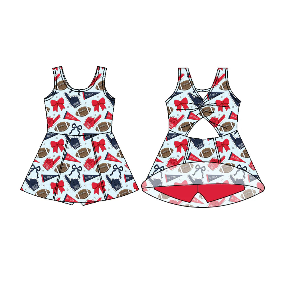 7.18Preorder (moq 5)Baby Girls Sleeveless Red Hot Blue Bows Footballs Shorts Team Knee Length Dress