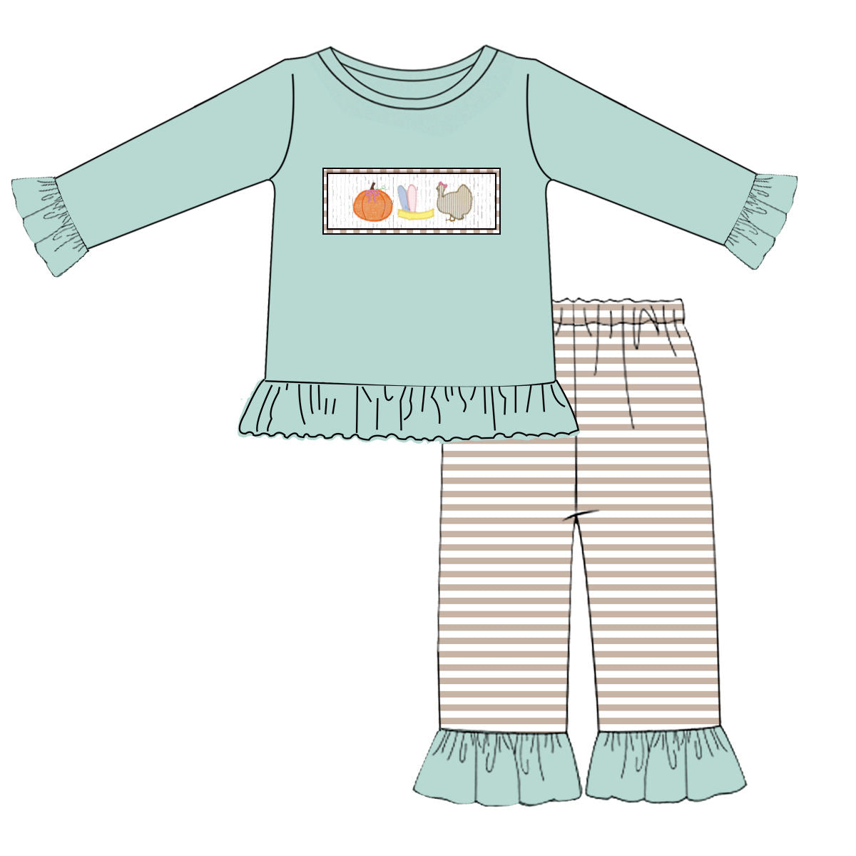 6.27 Pumpkin Chicken Green Striped Girls Suit