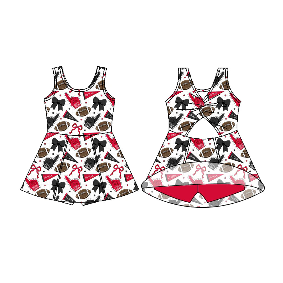 7.22Preorder (moq 5)Baby Girls Sleeveless Red Navy Bows Footballs Shorts Team Knee Length Dress