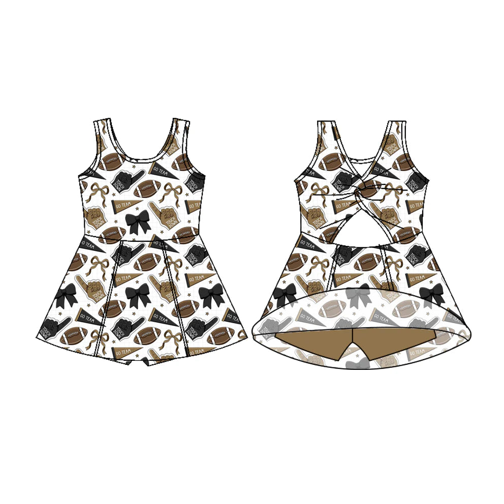 7.22Preorder (moq 5)Baby Girls Sleeveless Olive Bows Footballs Shorts Team Knee Length Dresses