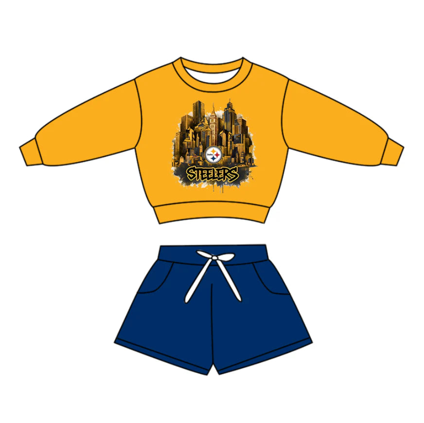 X12.19 Preorder(moq 5)Baby Boys Long Sleeve Steelers Stars Top Pockets Shorts Team Clothes Sets