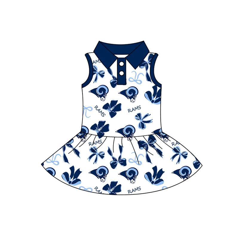 8.13Baby Girls Sleeveless Blue Bows RAMS Button Team Knee Length Dresses