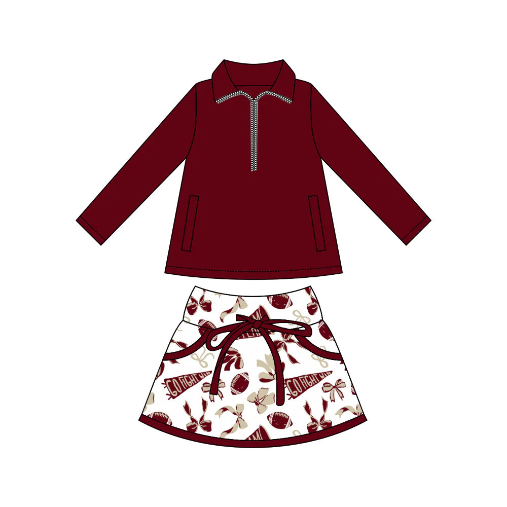 8.8Preorder (moq 5)Baby Girls Red Pockets Zipper Pullovers Top Bows Footballs Plaid Skorts Team Set