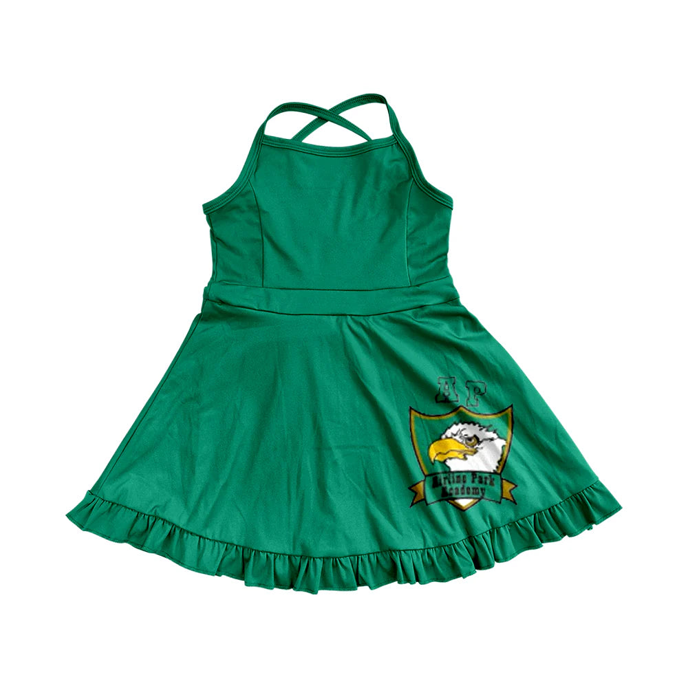 7.1Preorder (moq 5)Baby Girls Green Straps Airline Park Ruffle Shorts Team Knee Length Dresses