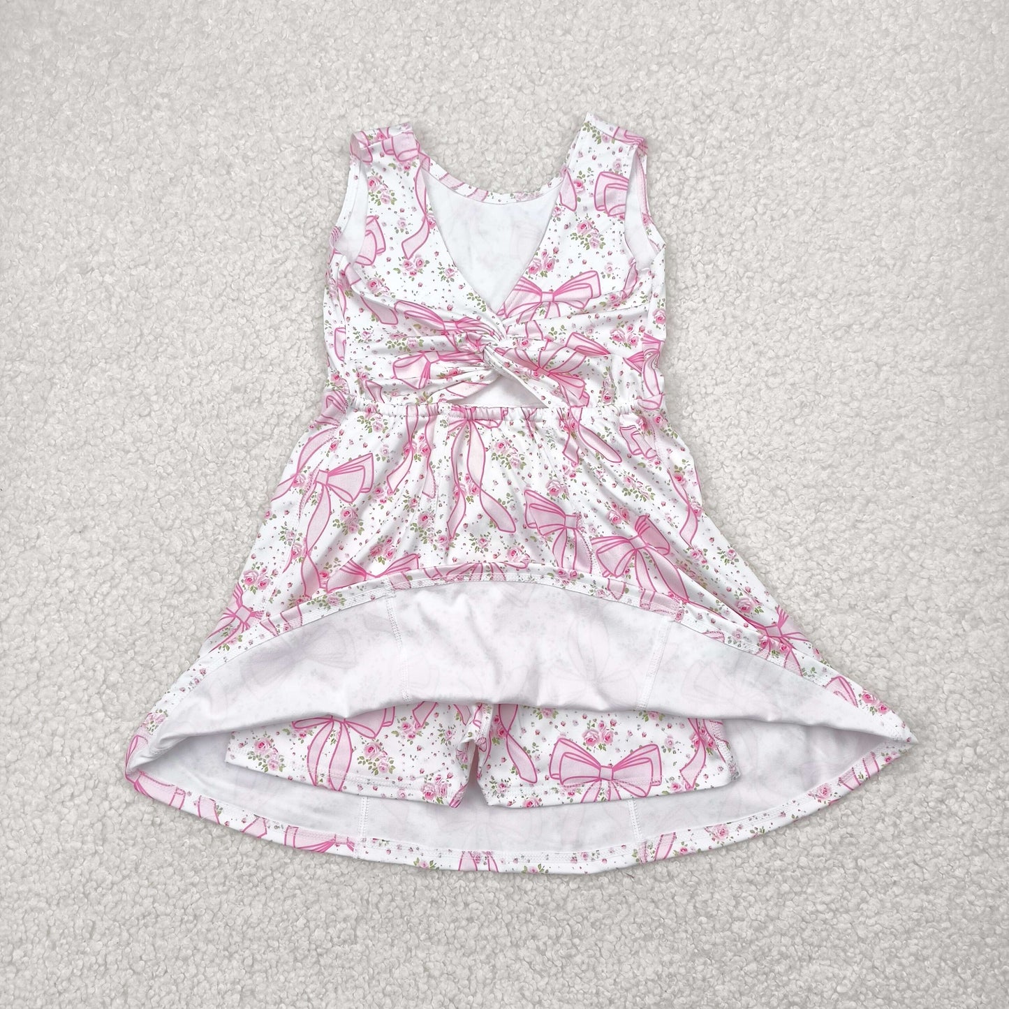 4.28 GSD2199 White yoga sleeveless dress with pink bow pattern and floral pattern