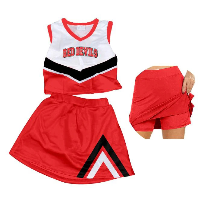 6.28Preorder (moq 5)Baby Girls Red Devils Cheer Team Top Skort Shorts Clothes Sets