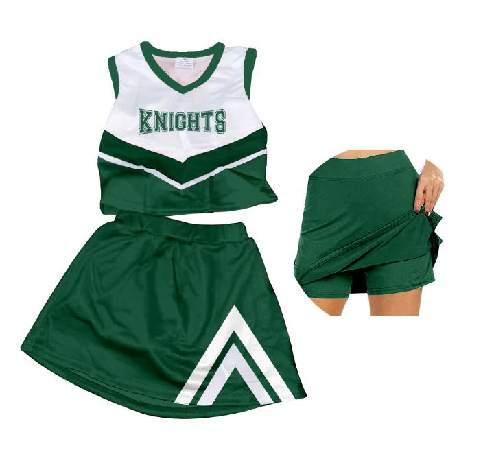 6.28Preorder (moq 5)Baby Girls Green Knights Cheer Team Top Skort Shorts Clothes Sets