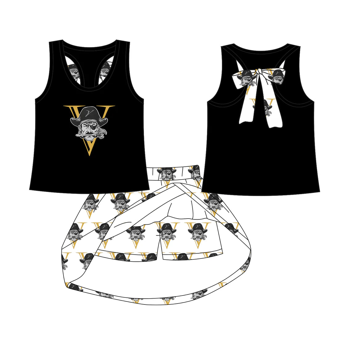 7.29Preorder (moq 5)Baby Girls V Black bow vest team Top Skirt Skort Sets