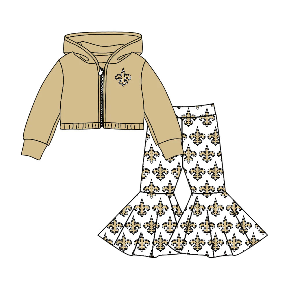 7.30Preorder moq 5 Baby girls Khaki Saint team hooded shirt bell bottom pants sets