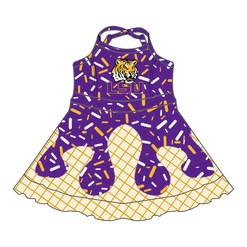 7.4Preorder (moq 5)Baby Girls Strap Drip Purple LSU Shorts Ruffle Team Knee Length Dresses
