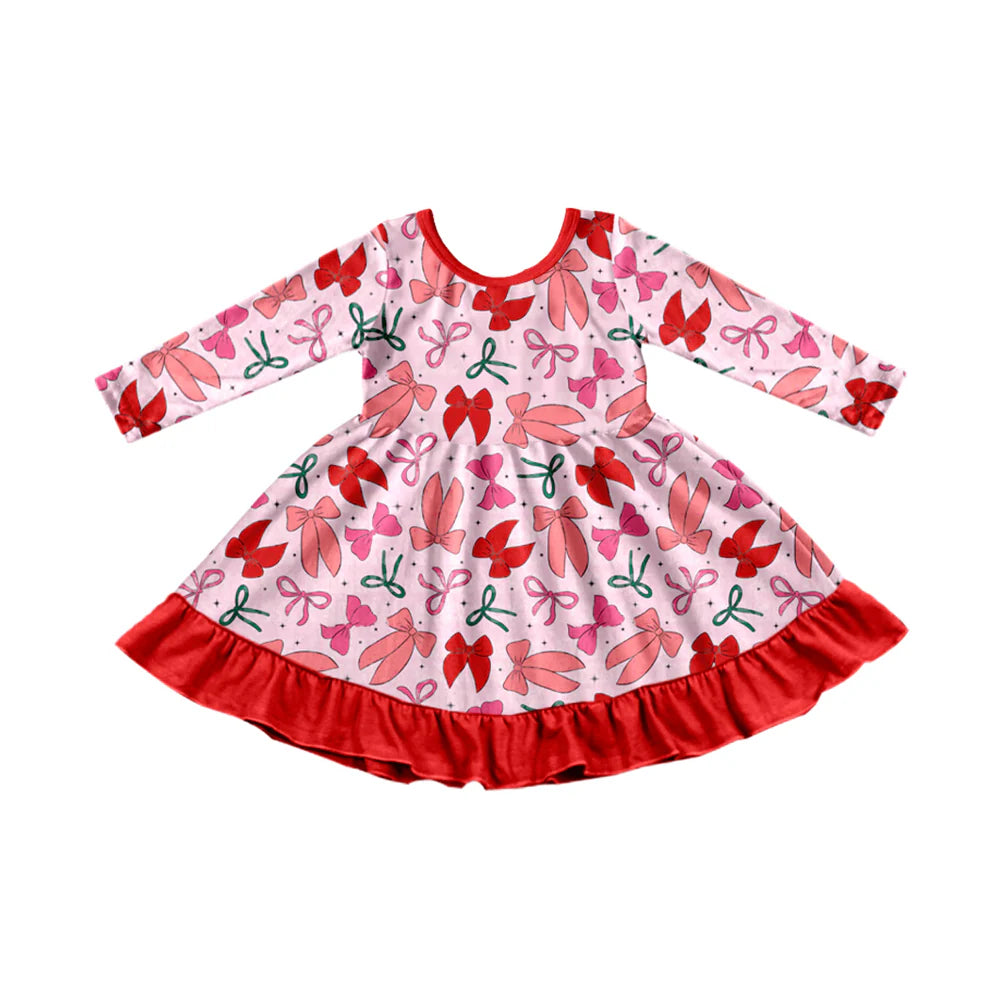 X923Preorder (moq 5)Baby Girls Green Red Bows Stars Christmas Ruffle Knee Length Dresses