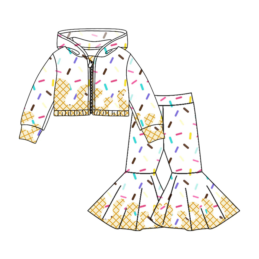 8.4Preorder (moq 5)Baby Girls Long Sleeves Drip Zipper Jacket Top Bell Bottom Pant Team Clothes Sets