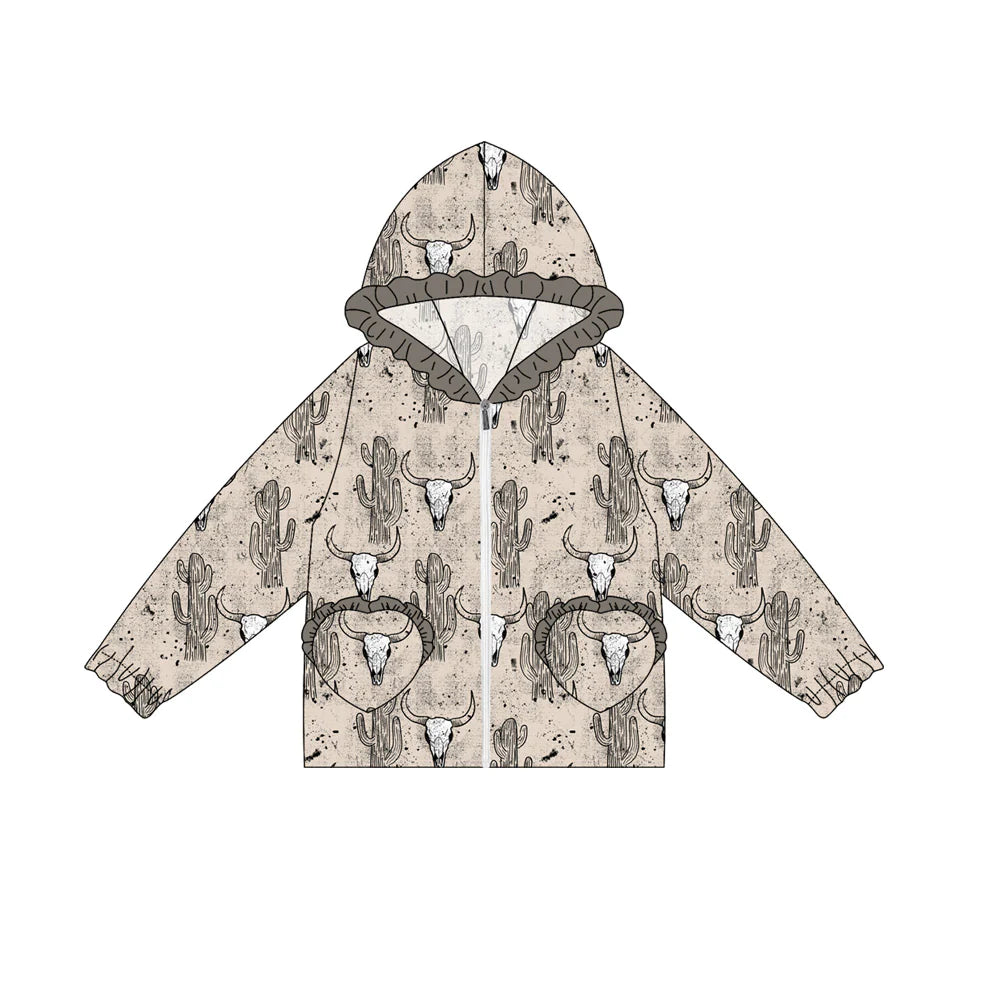 7.4Preorder(moq 5) Baby Girls Long Ruffle Sleeves Gray Cactus Bull Skull Pockets Zipper Hoodies Top