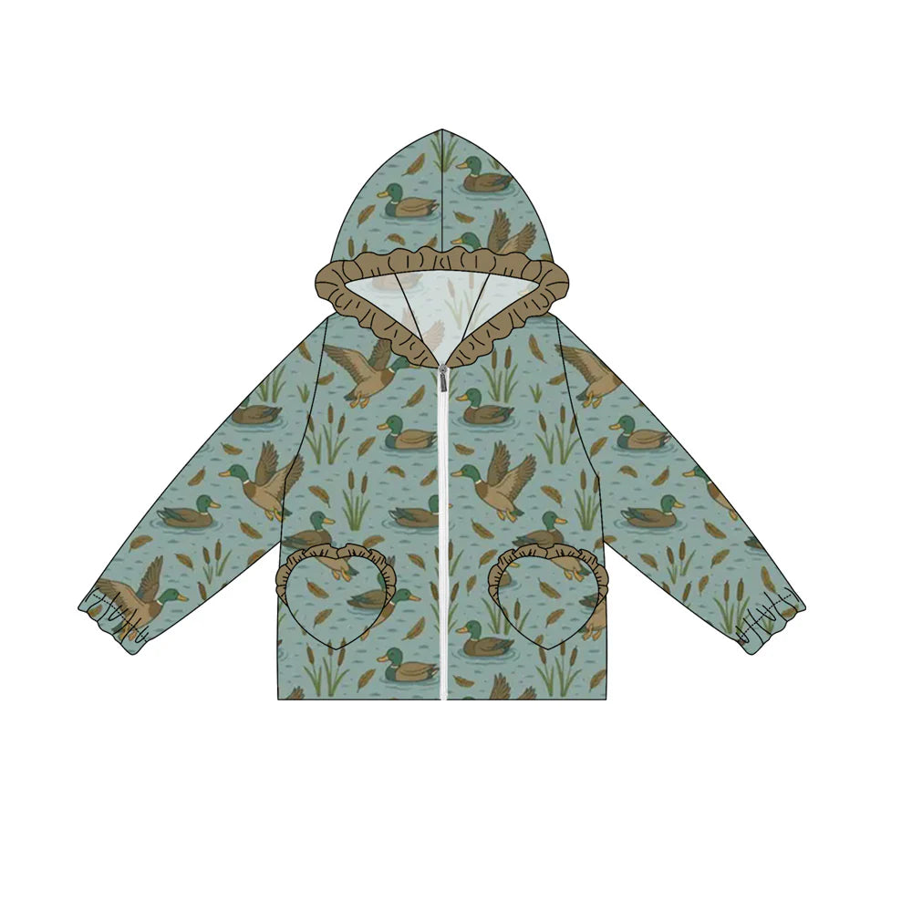 7.4Preorder(moq 5) Baby Girls Long Ruffle Sleeves Green Ducks Plaid Pockets Zipper Hoodies Top