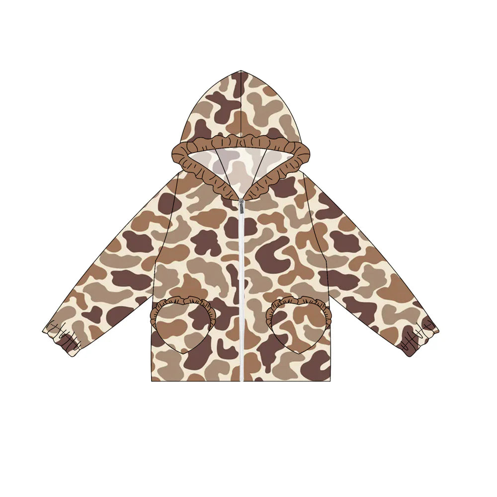 7.4Preorder(moq 5) Baby Girls Long Ruffle Sleeves Brown Camo Pockets Zipper Hoodies Top