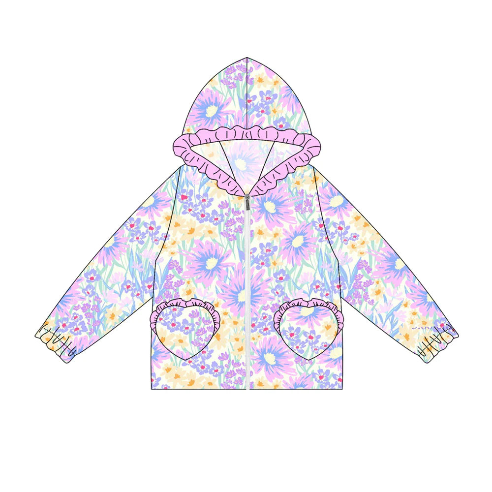 7.4Preorder(moq 5) Baby Girls Long Ruffle Sleeves Lavender Flowers Pockets Zipper Hoodies Top
