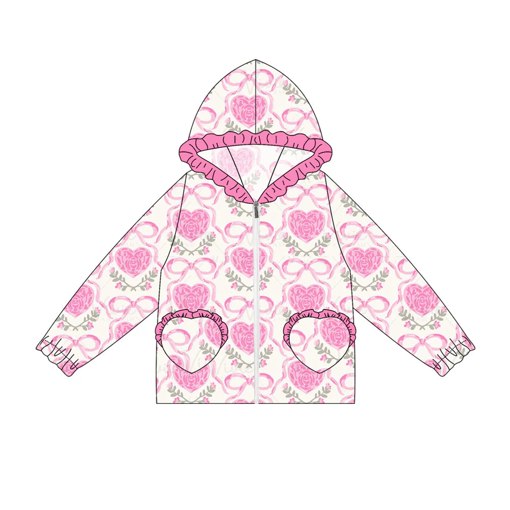 7.4Preorder(moq 5) Baby Girls Long Ruffle Sleeves Pink Flower Hearts Plaid Pockets Zipper Hoodies Top