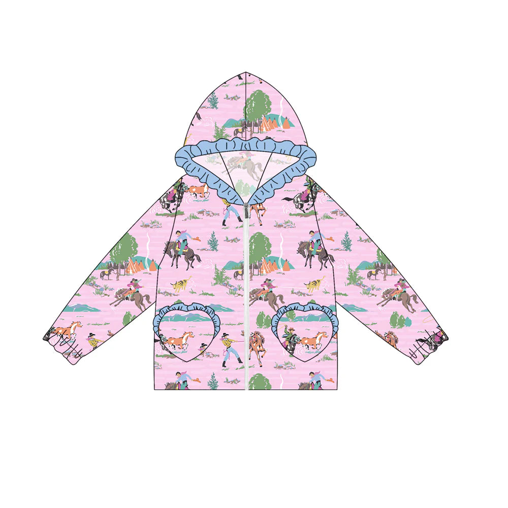 7.4Preorder(moq 5) Baby Girls Long Ruffle Sleeves Pink Horse Rodeos Pockets Zipper Hoodies Top