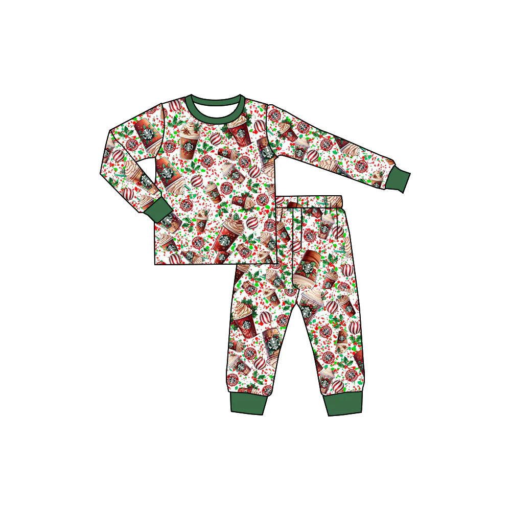 X903Preorder (moq 5)Baby Kids Christmas Coffee Baseball Green Pants Pajamas Sets