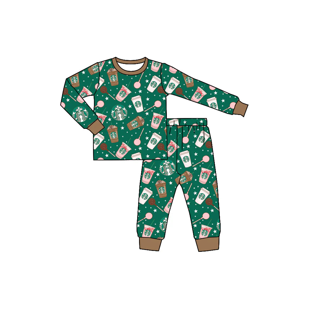X903Preorder (moq 5)Baby Kids Coffee Green Shirts Pants Pajamas Sets
