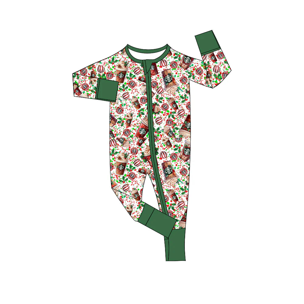 X903 Preorder(moq 5)Baby Kids Christmas Coffee Baseball Green Zipper Footie Rompers