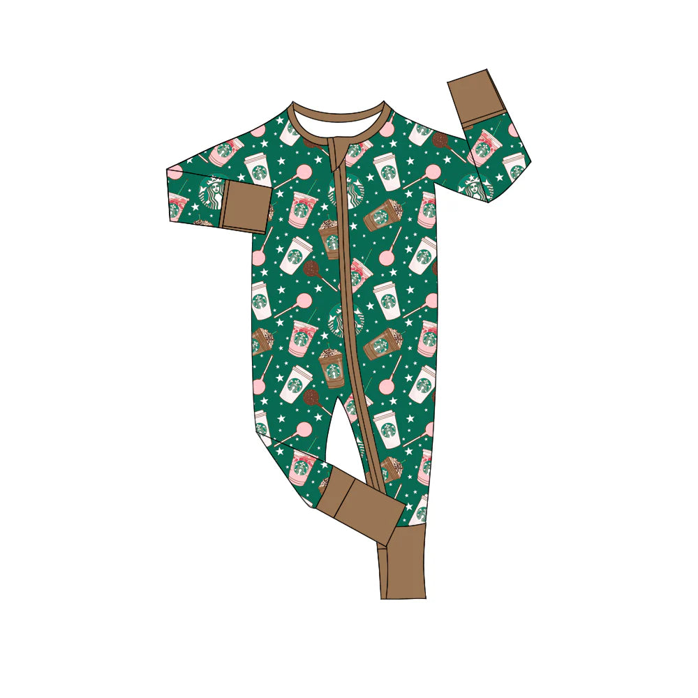 X903 Preorder(moq 5)Baby Kids Coffee Green Zipper Footie Rompers