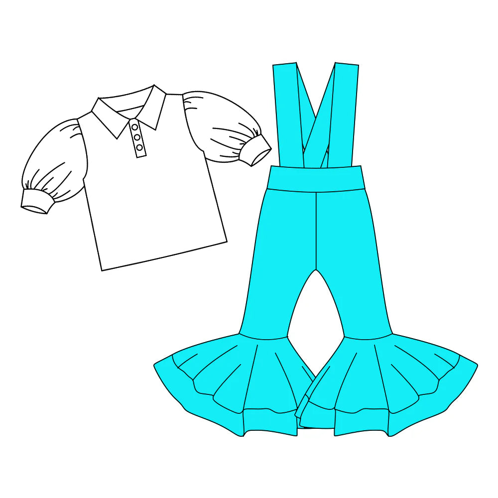 7.4Preorder (moq 5)Baby Girls Button Shirts Top Sky Blue Bell Bottom Overalls 2 Piece Clothes Sets