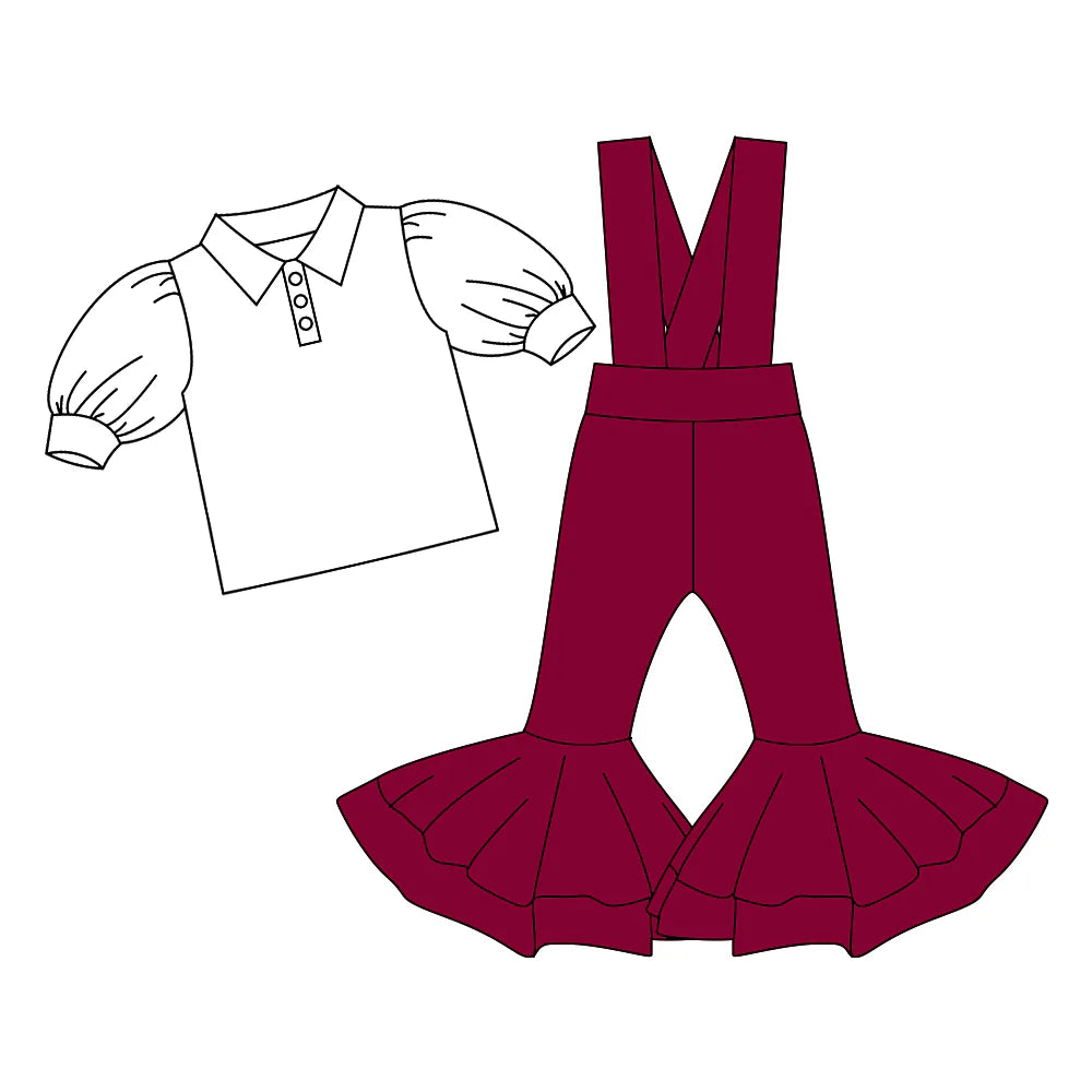 7.4Preorder (moq 5)Baby Girls Button Shirts Top Dark Red Bell Bottom Overalls 2 Piece Clothes Sets