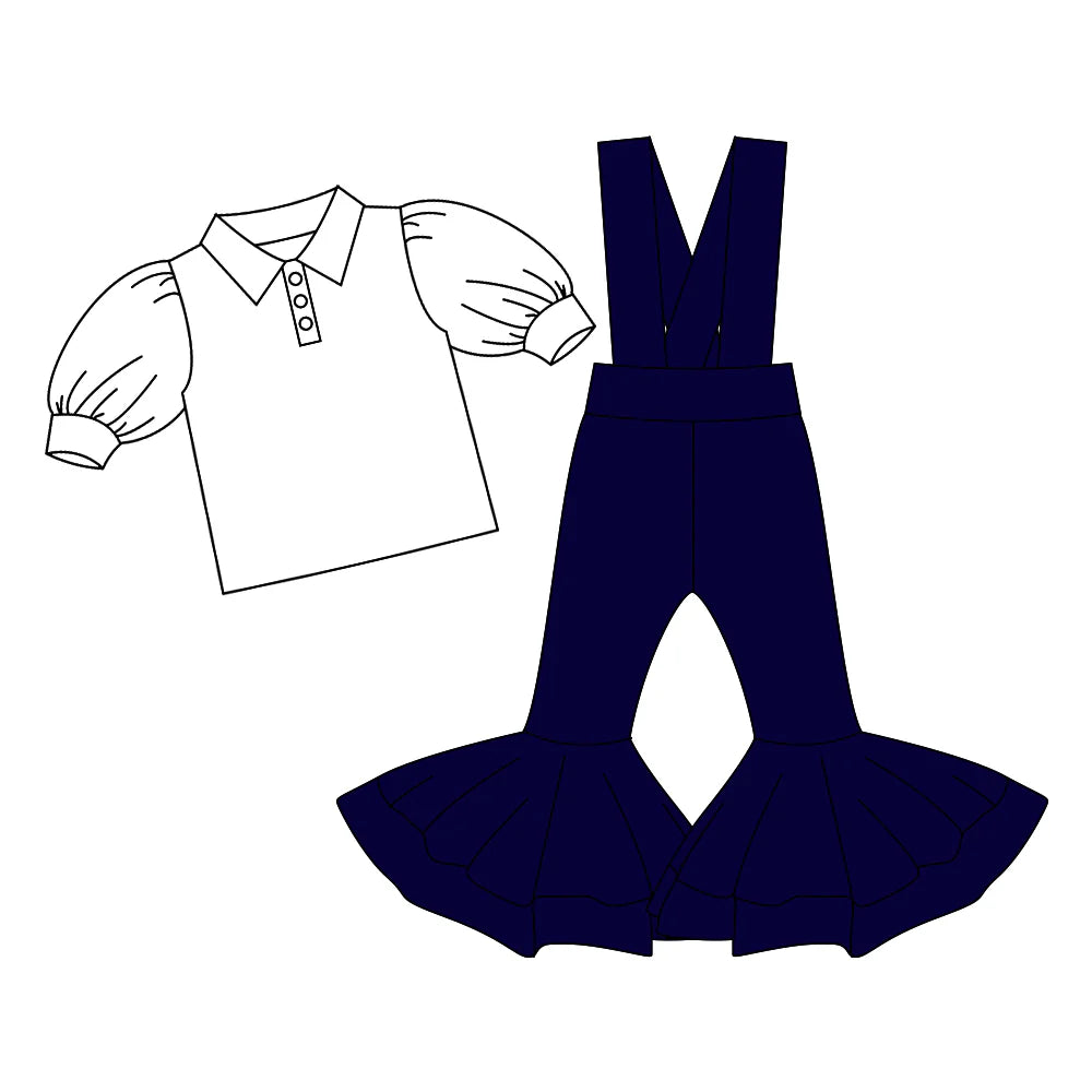 7.4Preorder (moq 5)Baby Girls Button Shirts Top Navy Bell Bottom Overalls 2 Piece Clothes Set