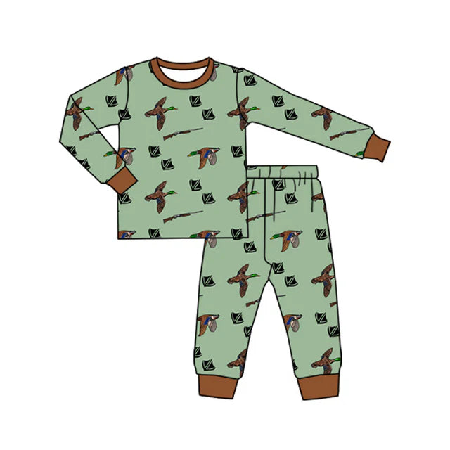 7.4Preorder (moq 5)Baby Boys Long Sleeves Green Ducks Plaid Top Pant Pajamas Clothes Set