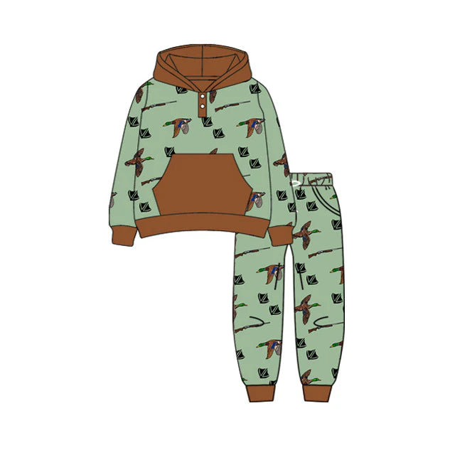 7.4Preorder (moq 5)Baby Boys Long Sleeves Green Ducks Plaid Pockets Button Hoodies Pant Clothes Set