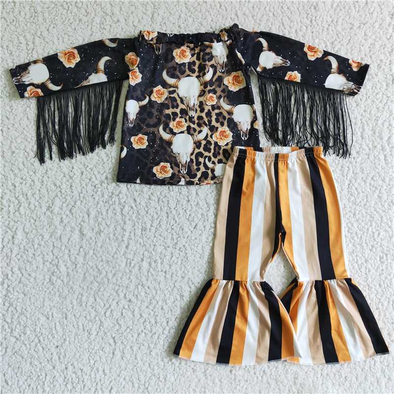 4.19western bull skull tassel top bell pants 2 pieces girl sets kids clothes