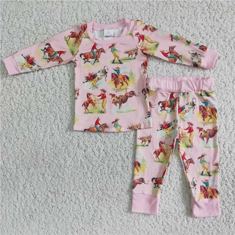 4.19western cowboy 2 pieces girls pajamas sets kids clothes