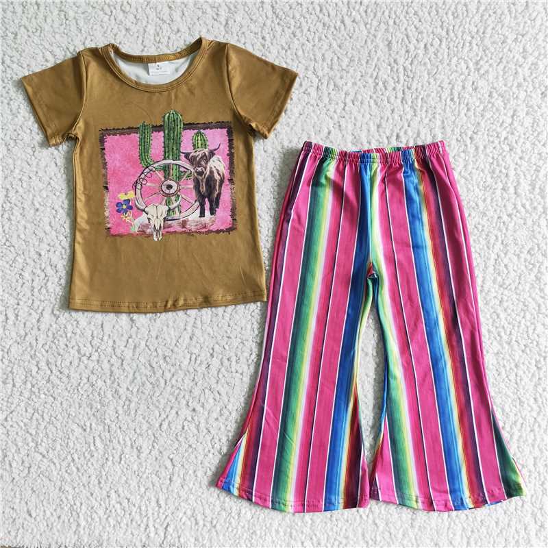 4.19western cactus cow shirt stripe pants girls sets kids clothe