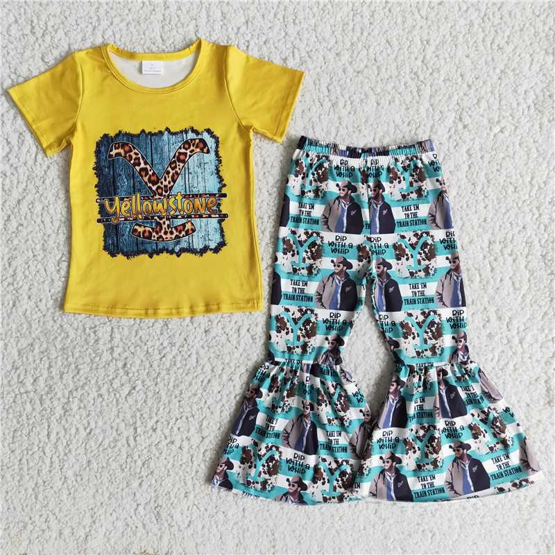 4.16ellowstone shirt western bell pants girls sets kids clothes