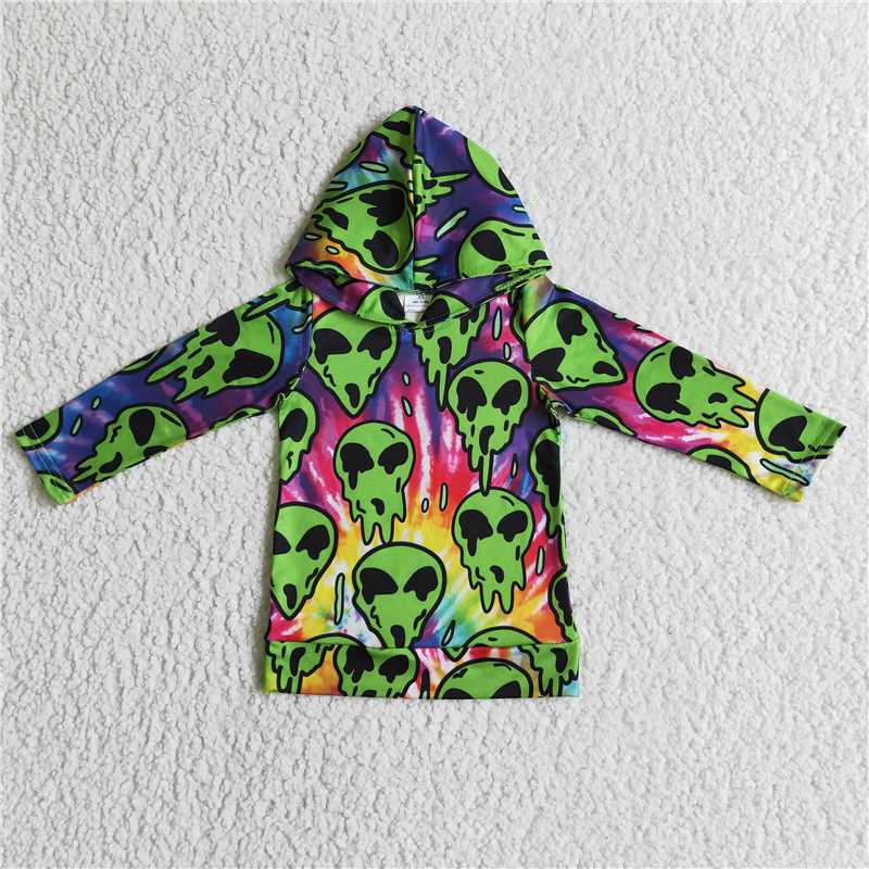 Halloween green skull boy girls long sleeve hoodie top