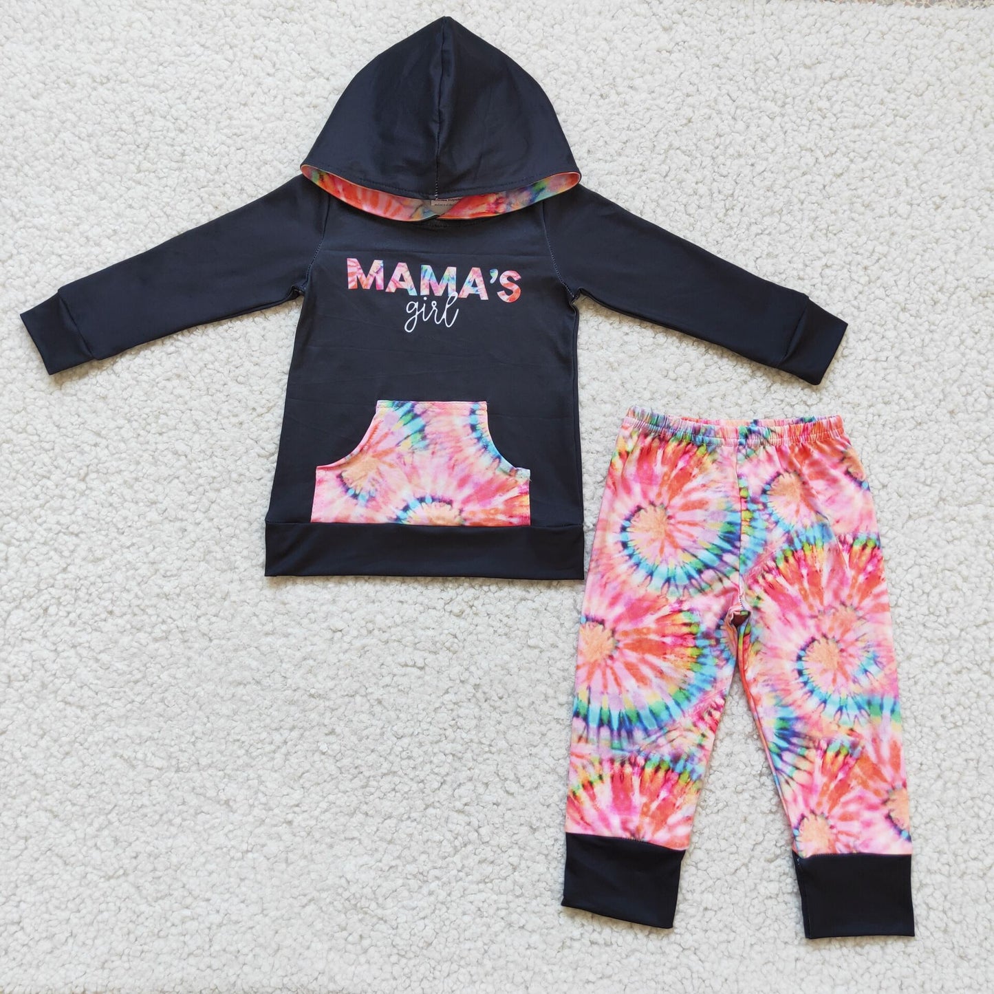 4.15“mama's girl”pink tie dye girls winter hooded long sleeve top and long pants sets