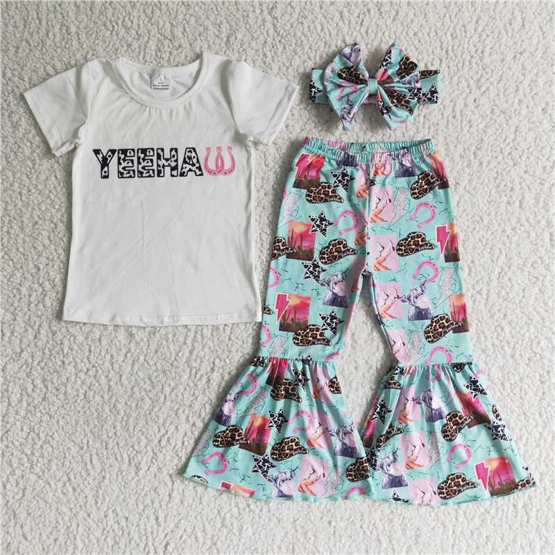 4.16yeehaw shirt western bbell pants girls sets kids clothes with bow
