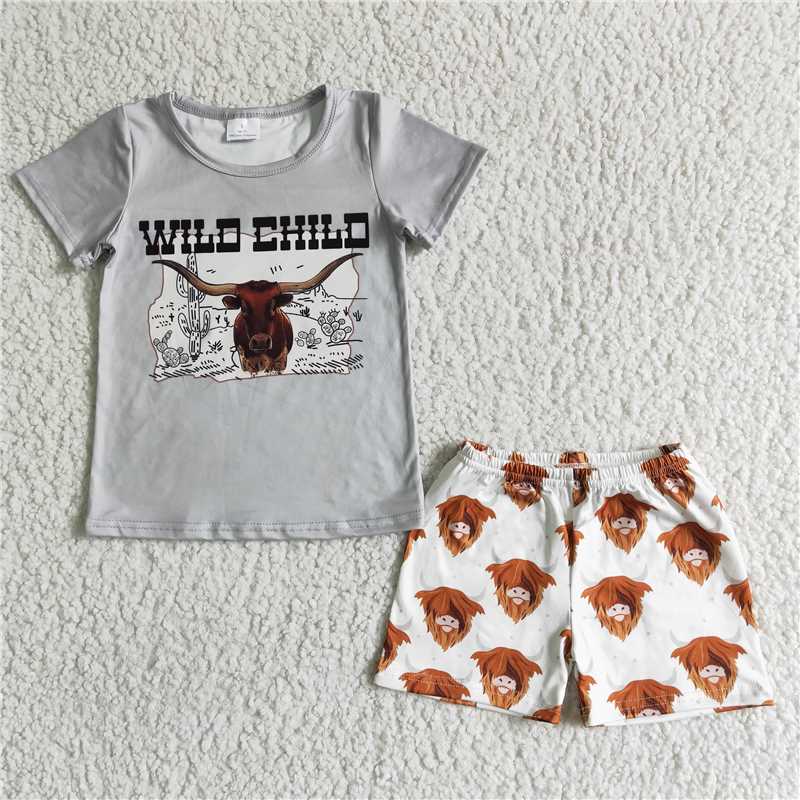4.18wild child highland cattle summer sets short sleeve shirt and shorts 2 pieces suit