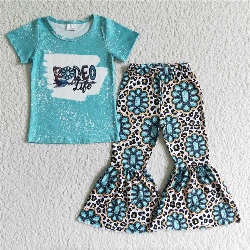 5.12Western redeo short sleeve shirt bell 2 pieces girls sets kids clothes