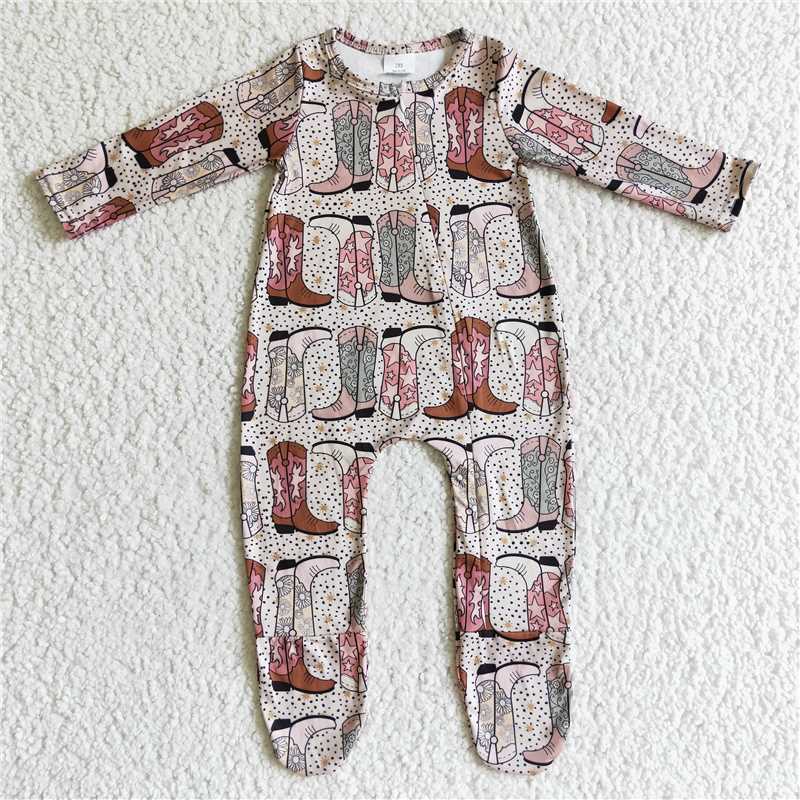4.17Western Zip Sleeper romper with feet long sleeve boots jumpsuit