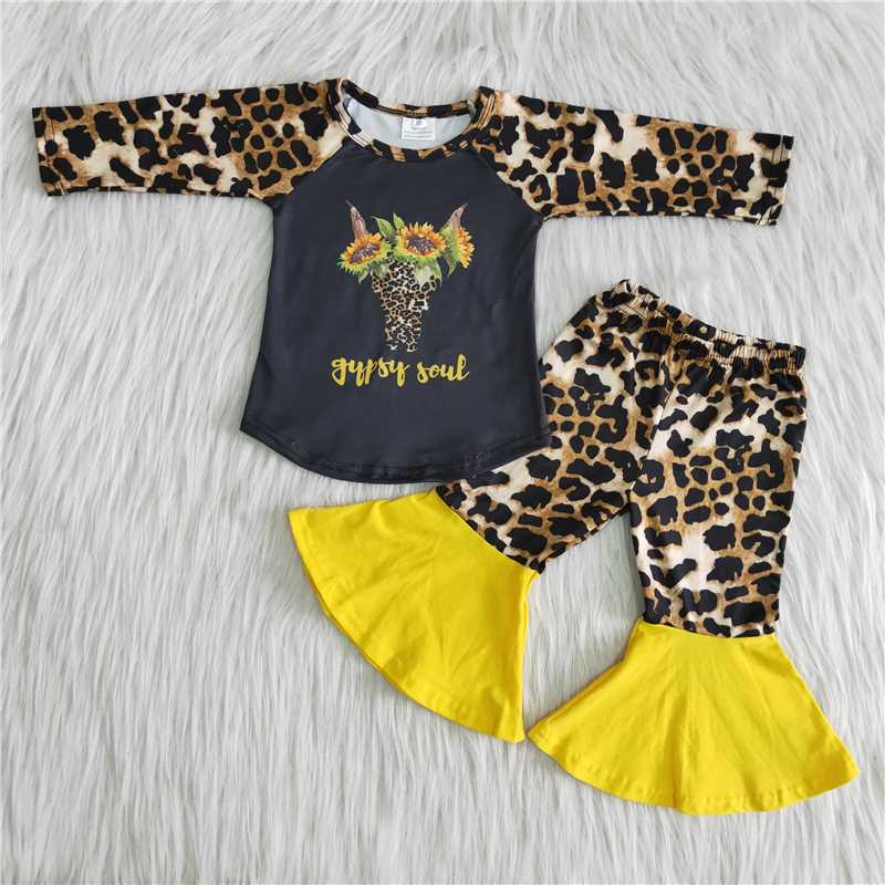 cow sunflower top and Leopard bell pants 2 pieces girls outfits kids clothes